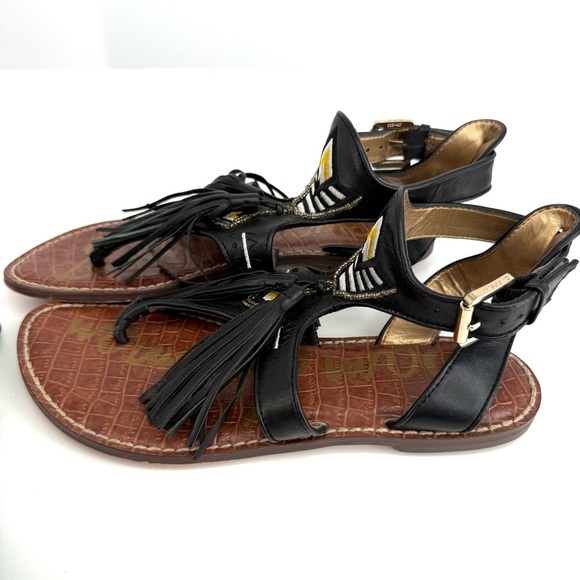 Sam Edelman Black Giblin Fringe Tassel Beaded Embroidered Boho Sandals - Picture 6 of 11